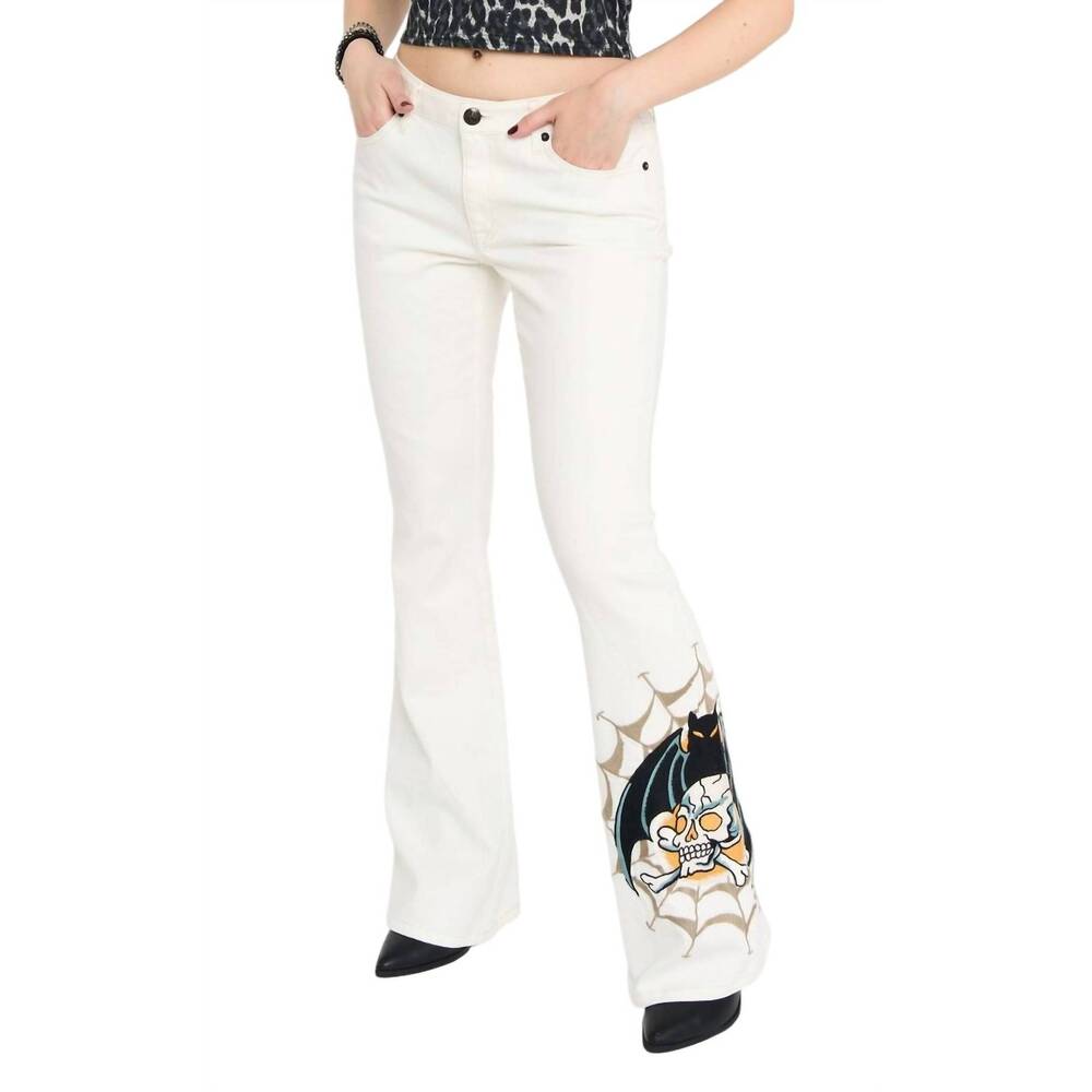 Ed Hardy White Boot-Cut Jeans with Skull & Bat Graphic